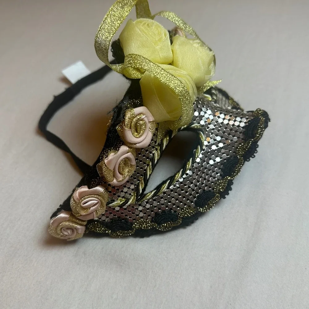 Masquerade Mask Gold Mesh Floral Yellow Pink Roses Halloween Costume Mardi Gras